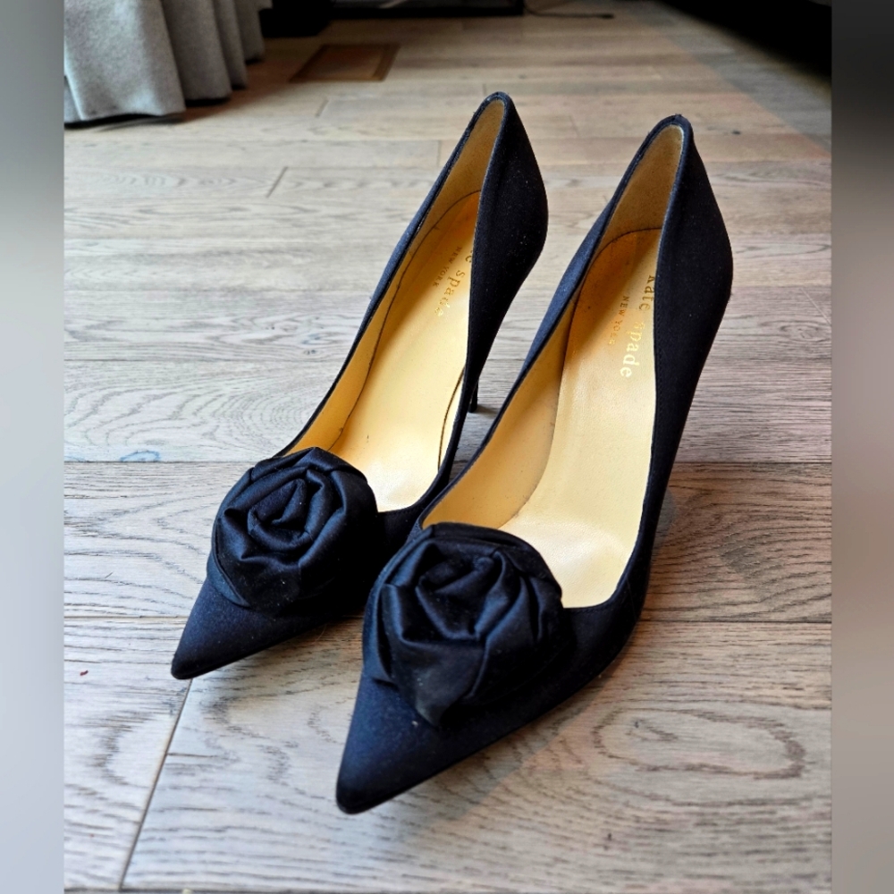 Kate Spade Black Satin Rosette Pumps